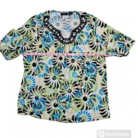 R.Q.T. Women 2X Blouse Multicolor Polyester Tropical Floral Top Statement Resort - Picture 6 of 7